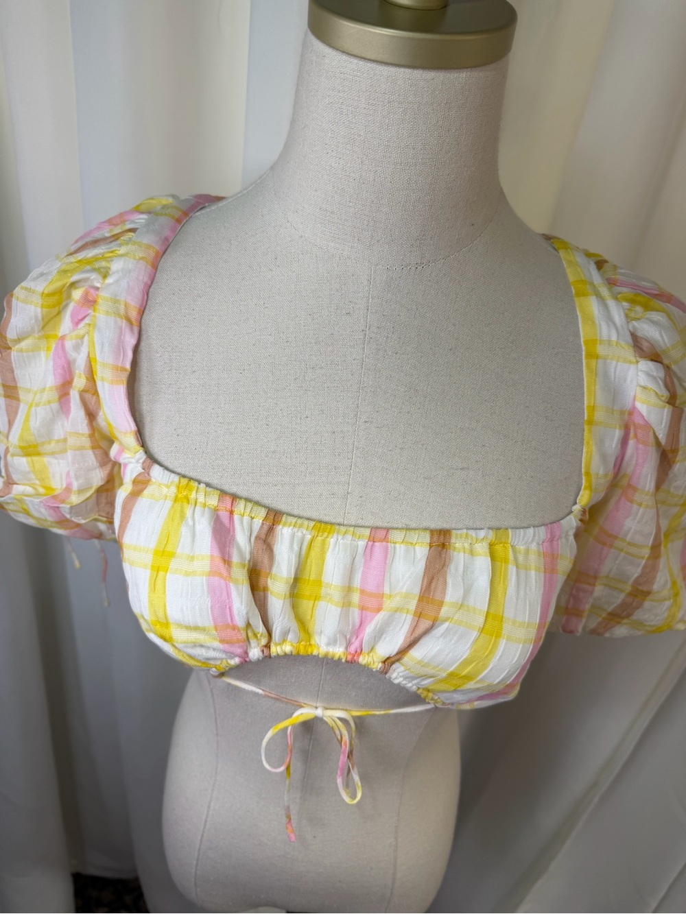 NWT For Love & Lemons ‘Rue’ Puff Sleeve Crop Top in Yellow & White Plaid Size S - Picture 5 of 16